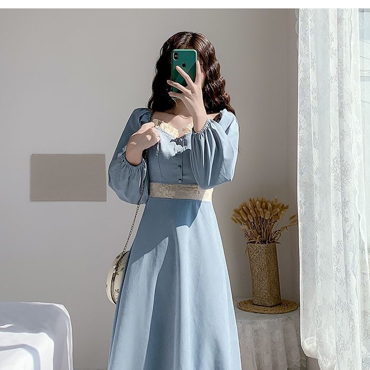 [ COD ] Jalan Mode Gaun Leher Persegi Retro Perancis untuk Wanita 2020 Musim Gugur dan Musim Dingin 