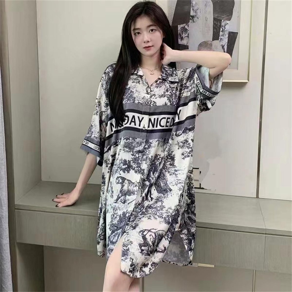 Dress tidur korea wanita jumbo sutra premium print sleepwear dress kemeja wanita plus size longgar