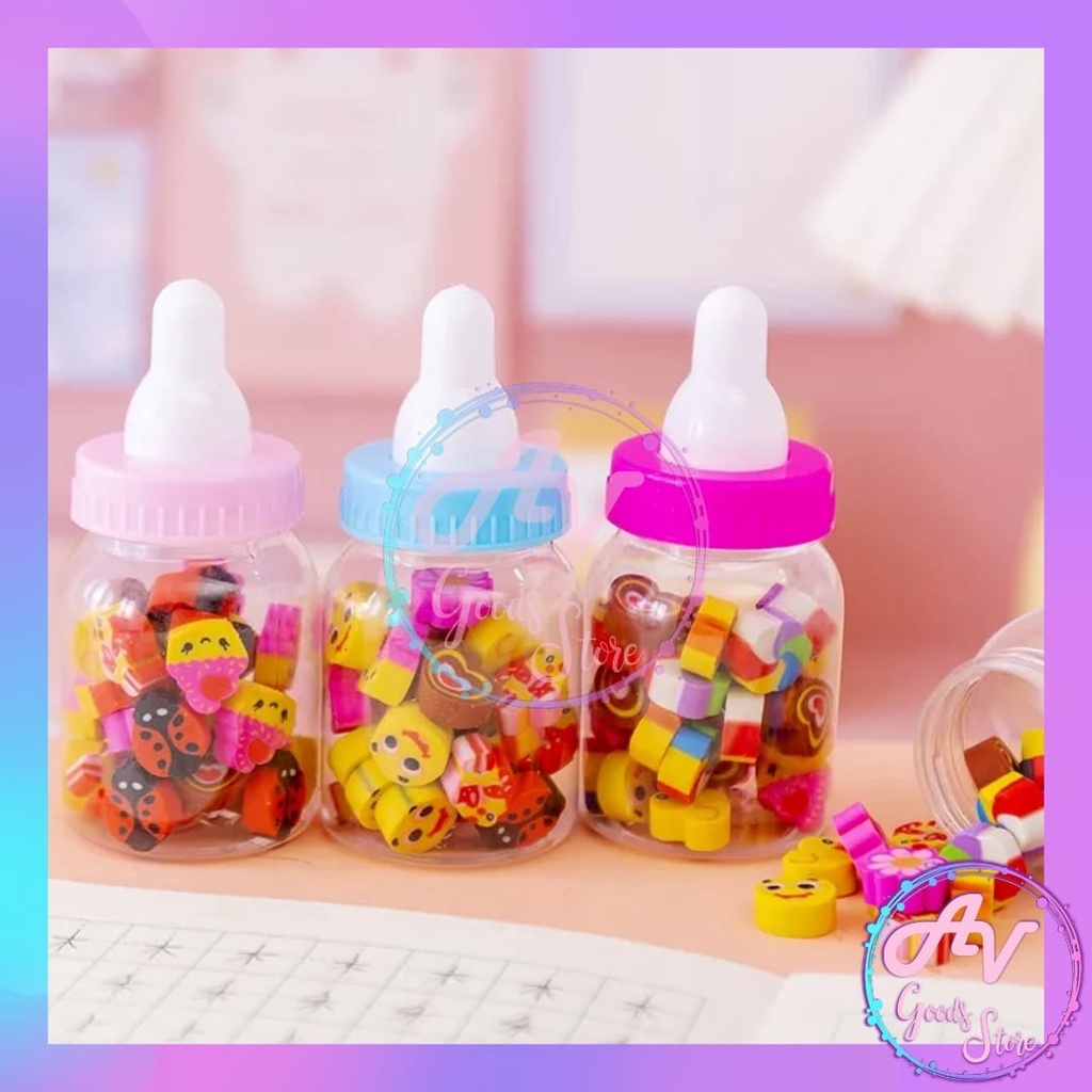 

Penghapus Toples Mini Botol Dot isi 20pcs / Setip / Penghapus Pensil Lucu