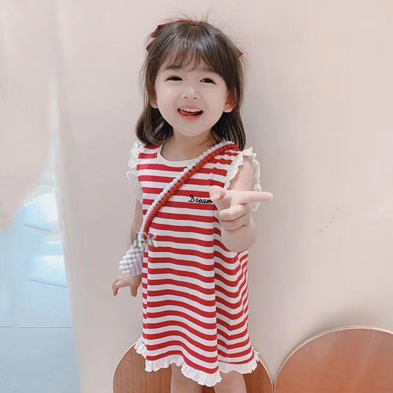 SC  Dress Casual Import untuk Anak Perempuan Dengan Renda Ruffle Tanpa Lengan Motif Garis Garis Merah Putih Salur Midi Mini Dress Korea Gaun Summer atau Musim Panas Baju Pesat Santai Jalan Jalan