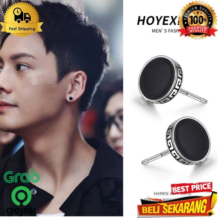 Anting tindik pria hitam silver gold bulat motif titanium tusuk / anting pria / tindik pria / anting