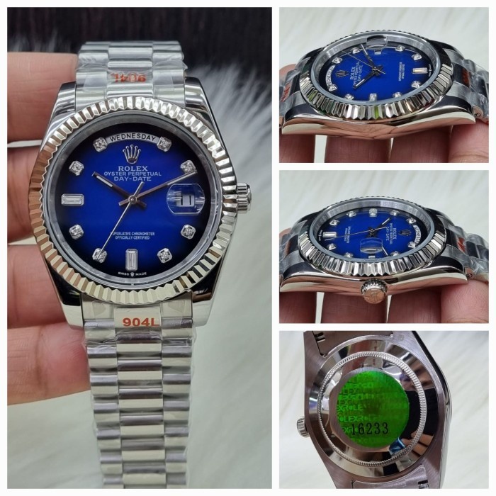 【COD】 Jam Tangan Pria ROLEX  Automatic Rantai Stainles Dial Biru Diamond Mewah #E1