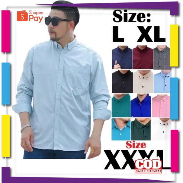 PREMIUM KOREAN STYLE / JUMBO Kemeja Pria XXXL 3l XL formil Kasual Polos Hitam Putih Lengan Panjang /