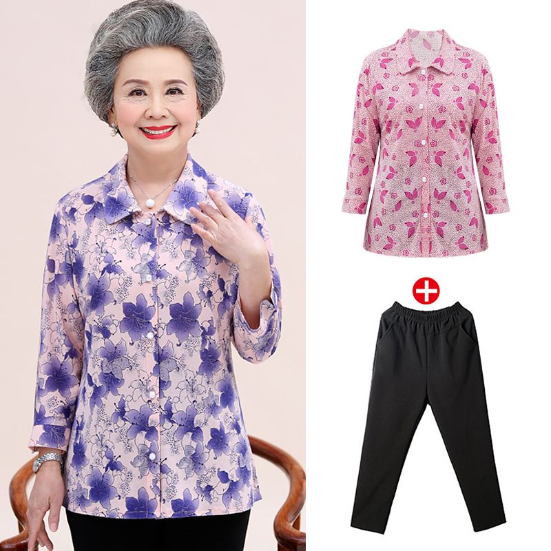 Orang paruh baya dan lanjut usia pakaian musim semi dan musim panas kemeja baju ibu baju ibu pakaian