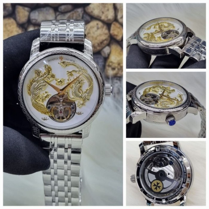 JAM TERMURAH SELLY JAM TANGAN PRIA AUTOMATIC DRAGON RANTAI SILVER DIAL PUTIH 43MM
