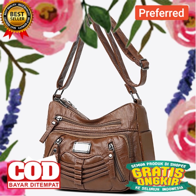 TAS SELEMPANG WANITA KULIT PREMIUM KOREA COKLAT CROWLEY TA803B7 SHOULDER BAHU SLING BAG BRANDED BATA