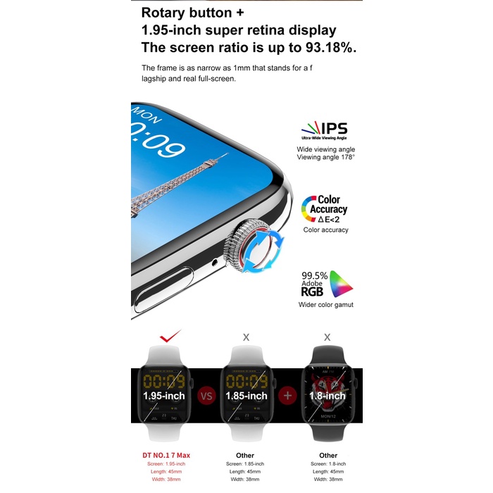 DT No. 1 7 Max Smartwatch DT7 Pro No 1 GPS 1.95 inch 60Hz Refresh Rate - Free AG, Black DT7Promax