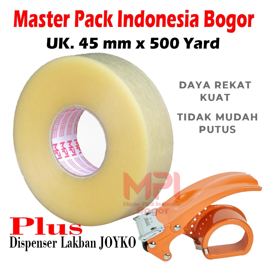 

Lakban Bening JUMBO MPI 45 mm x 500 yard Plus Dispenser Lakban Joyko - Master Pack Indonesia