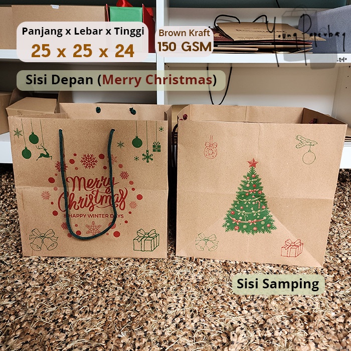 

Paper Bag Brown Kraft Edisi Natal & Tahun Baru Uk. 25 x 25 x 24 - Tali Hijau, 150 GSM