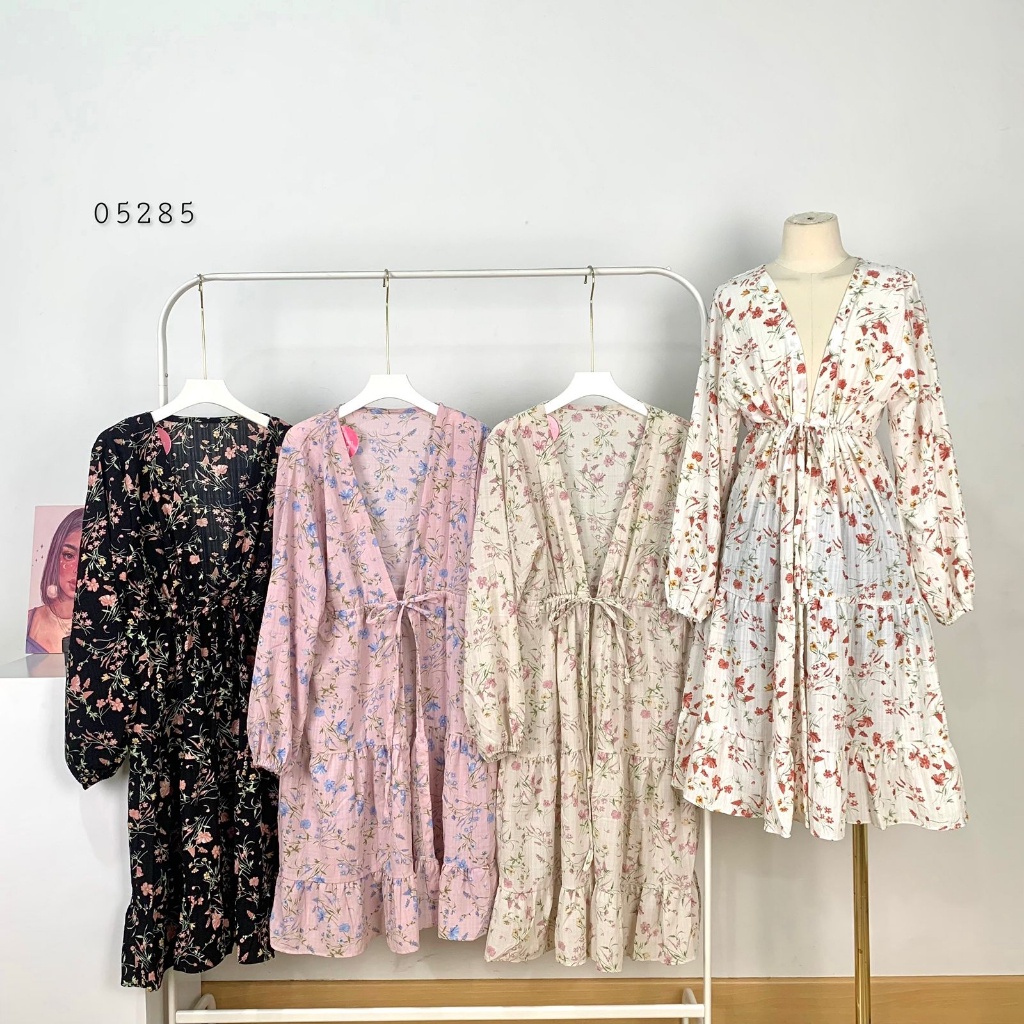 05285 TUNIK KIMONO RUFFLE TINGKAT VARIASI TALI PINGGANG SERUT FULL MOTIF FLOWER TANGAN PANJANG PREMI