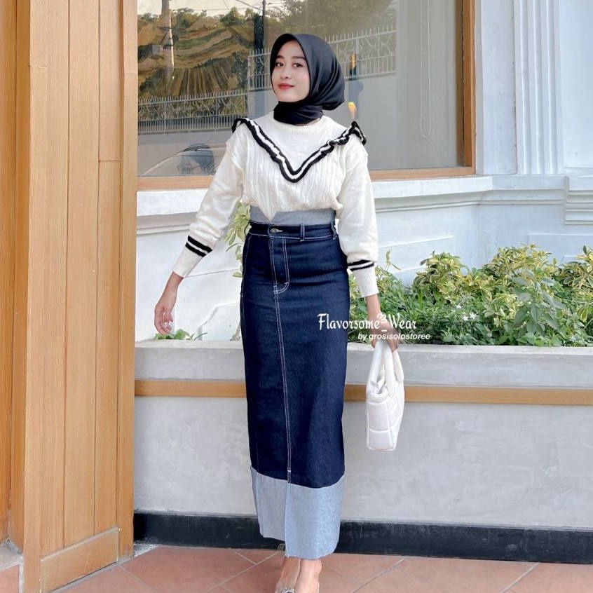 Two Tone Rok Skrit Jeans Highwaist Wanita Streach