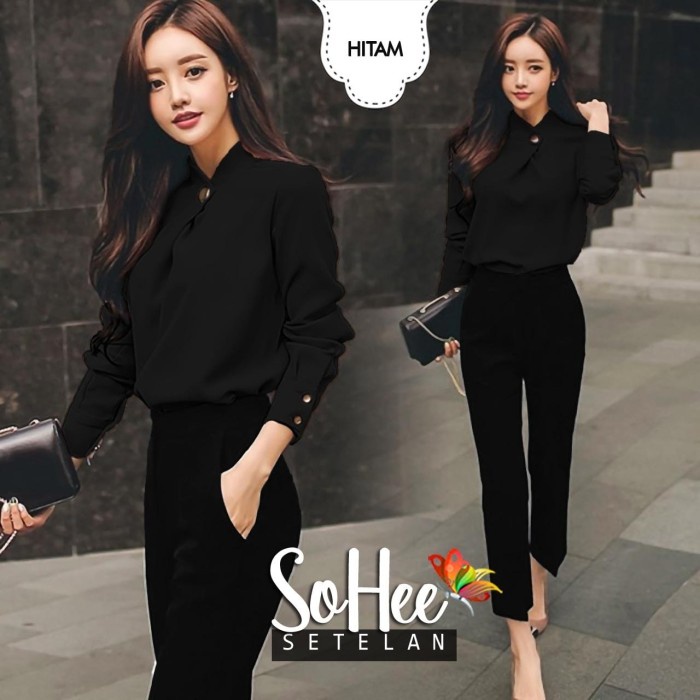 Setelan Celana Wanita Set Baju Cewek Santai Kerja Casual Setcel Korea - Hitam
