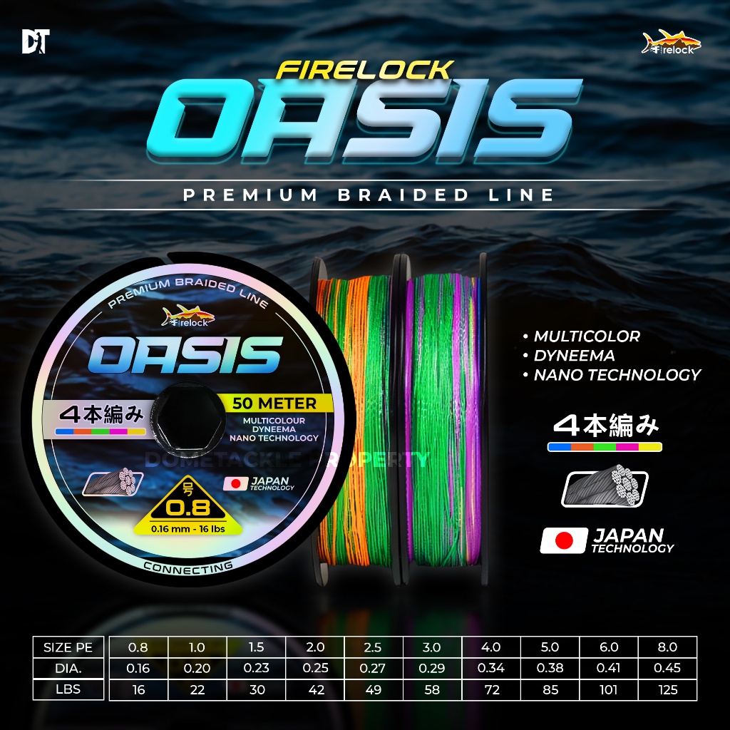 Senar PE Firelock Oasis Connecting 50 M Multicolour X4 Premium Braided Line Benang PE Senar Pancing