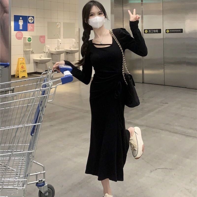 G009-Gaun Wanita Basic Knit Slim Long Sleeve Dress lebaran dress  serut  samping   panjang