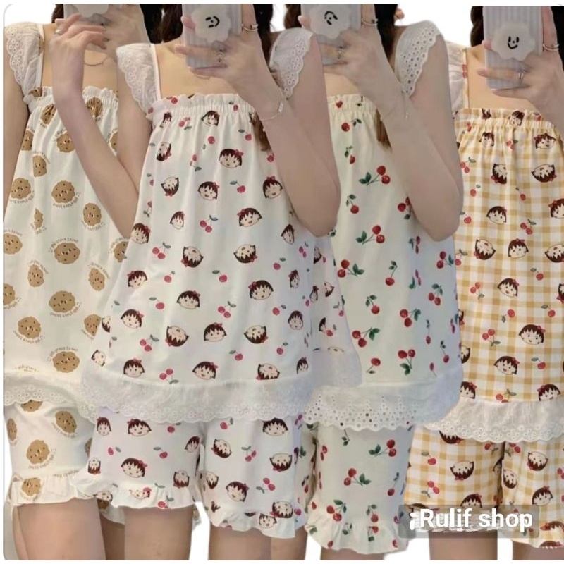 SETELAN SETCEL ONE SET PIYAMA HOTPANTS HOTPANT BAJU TIDUR TANKTOP RENDA FASHION WANITA DEWASA LUCU S