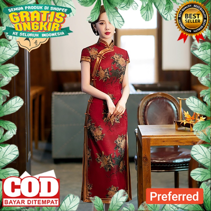Cheongsam Qipao Dress Merah Wanita Jumbo 5XL Bigsize Gaun Pesta Merah Panjang Lengan Pendek// HARI R