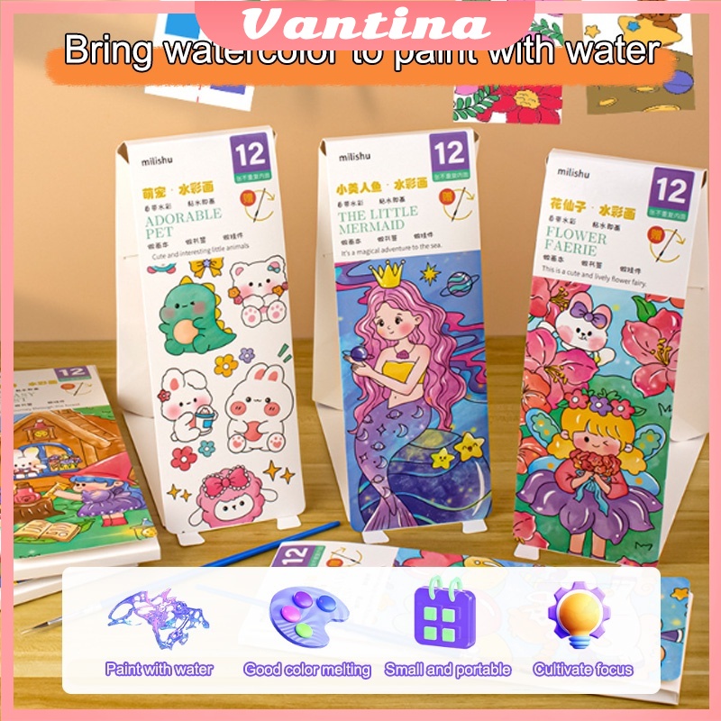 

（12 lembar）Paket Lukis/Paket Melukis Anak Cat Air Buku Cat Mewarnai Watercolour Painting / Buku Gambar Anak Lukisan air/buku mewarnai cat air kreatif/cat bawaan/kertas cat air