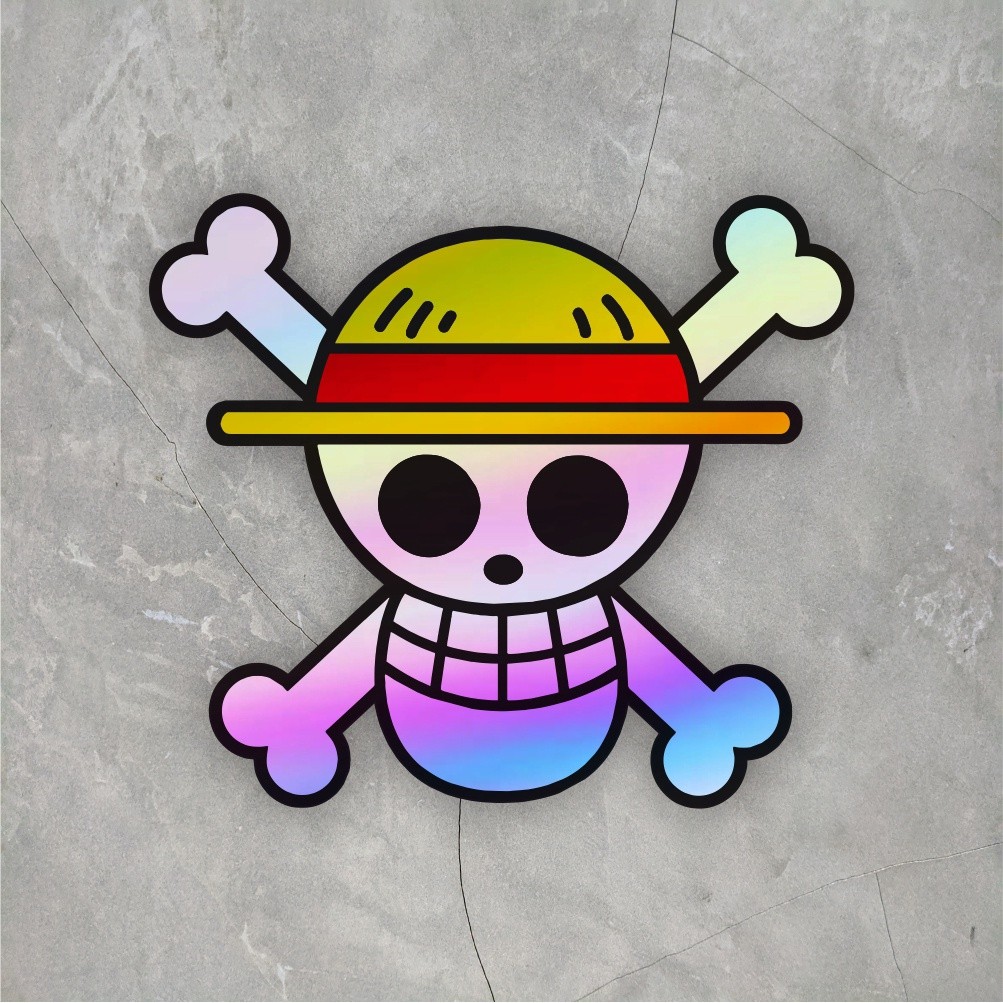 

Stiker Sticker Anime Hologram Logo One Piece Sticker case Hp & laptop ukuran 7 cm