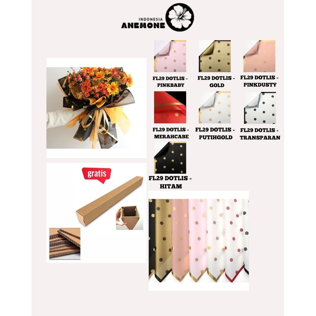 

ANEMONE - (5 LEMBAR) - FL29 DOTLIS Kertas Bunga Paper Buket Motif Polkadot List Transparan Florist Kado Cellophane