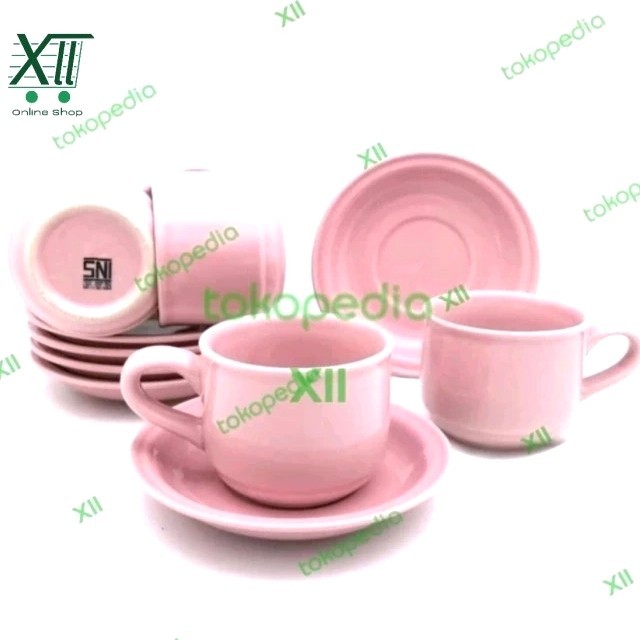NIKURA Tea Coffee Cup + Saucers Set 12 Pcs Cangkir Keramik Polos Warna