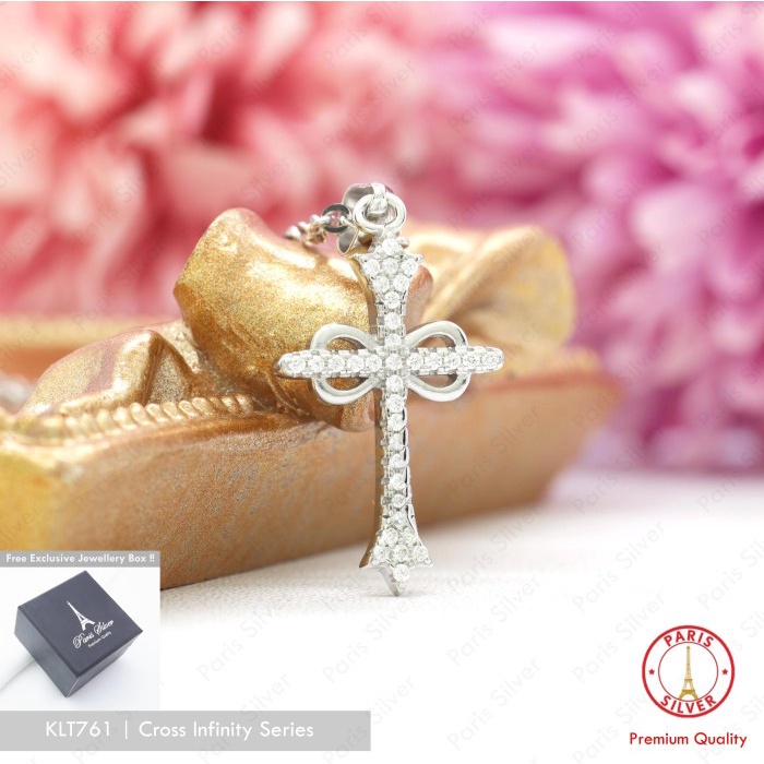 Kalung Salib Infinity Wanita Perak Asli Silver 925 Lapis Emas Putih Cewek Eternity Salip Permata