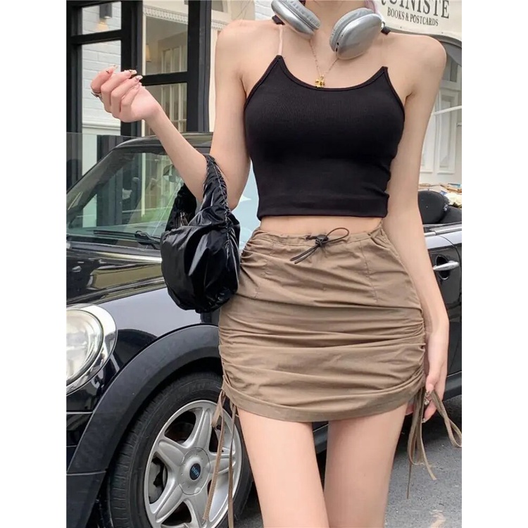 Rok Skirt Wanita High Waisted Drawstring Sexy Black Brown Mini   Summer Bandage Hot  Korean Fashion 