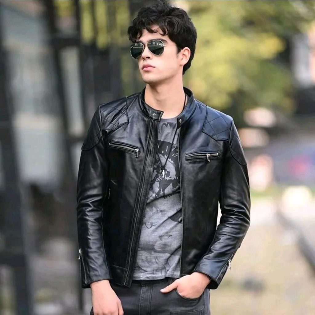 Jaket kulit Pria Motor Moge Premium Beckham Touring Bikers Motoran Slim-fitting Musim dingin Hitam