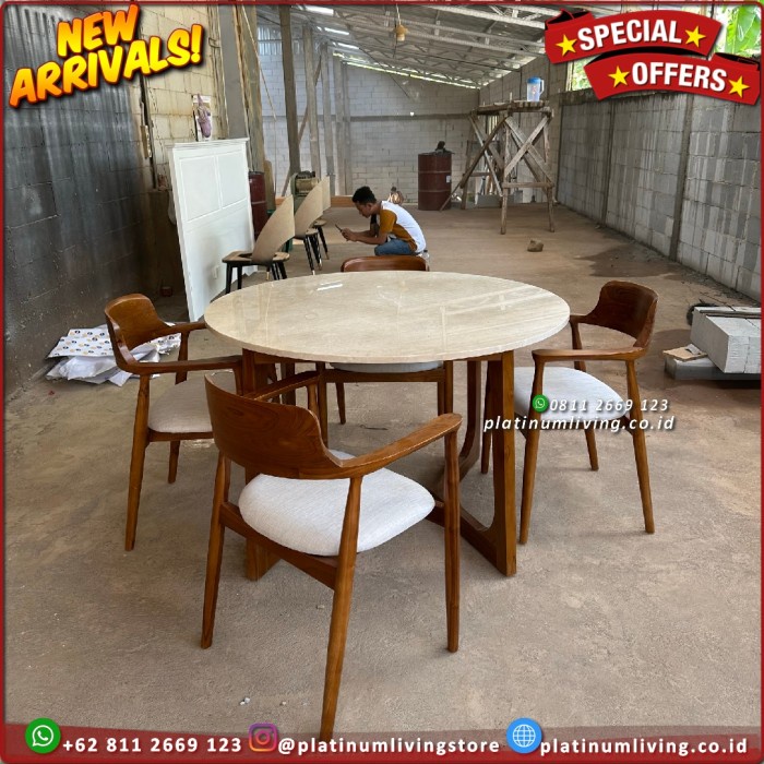 Meja Makan Marmer Bulat 4 Kursi Meja Makan Jati Top Table Marmer Asli - 4 Kursi