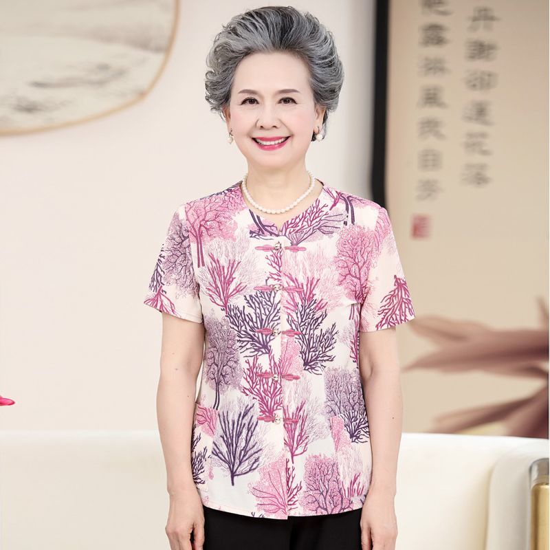 Pakaian Musim Panas Paruh Baya Kemeja Tipis Ibu Musim Panas Lengan Pendek Ibu Dan Nenek Set Kemeja N