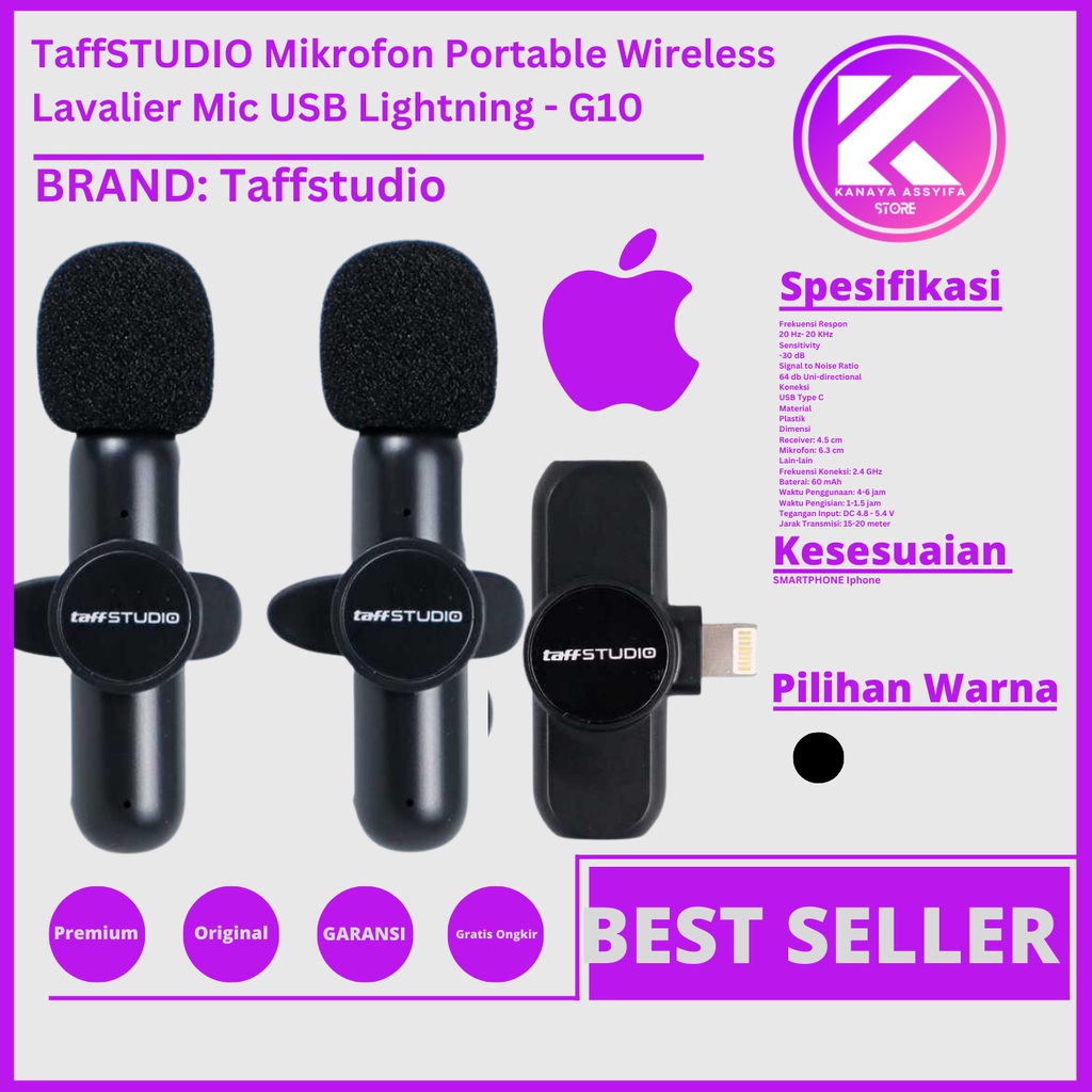 TaffSTUDIO Mikrofon Wireless Lavalier Portable Mic USB Lightning - G10