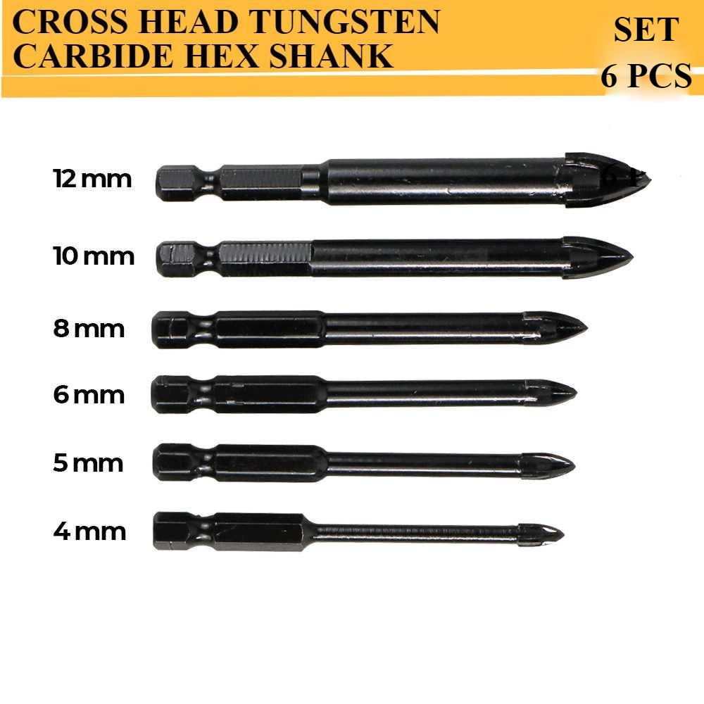 Set 6 PCS Mata Bor Multifungsi BLACK CROSS HEAD Carbide Tipped As Hex - Mata Bor Tungsten Keramik Gr