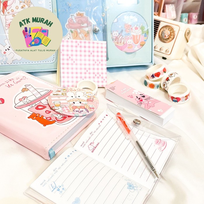 

Paket jurnal 7 in 1 boba warna pastel day journal perempuan gambar bua - Random