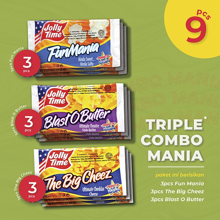 

[KUALITAS TERBAIK] Triple Combo Mania Jolly Time Microwave Popcorn (3BOB, 3TBC, 3FM)