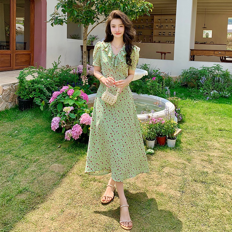 FAN Gaun sifon motif bunga korea/gaun Korea/gaun hijau