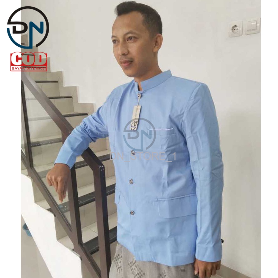 JASKO POLOS JASKOKO MODEL SAKU TUTUP BAJU MUSLIM PRIA DEWASA FULL FURING WARNA BIRU MUDA