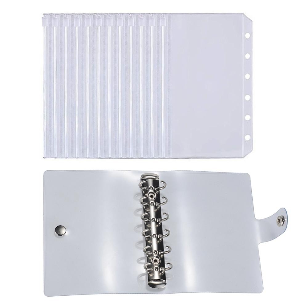 

Aasjbofa A6 A7 Size Clear PVC Binder Pockets 6-Ring Loose-Leaf Planner Notebook Refills Storage Bag with Clear Soft Binder Cover