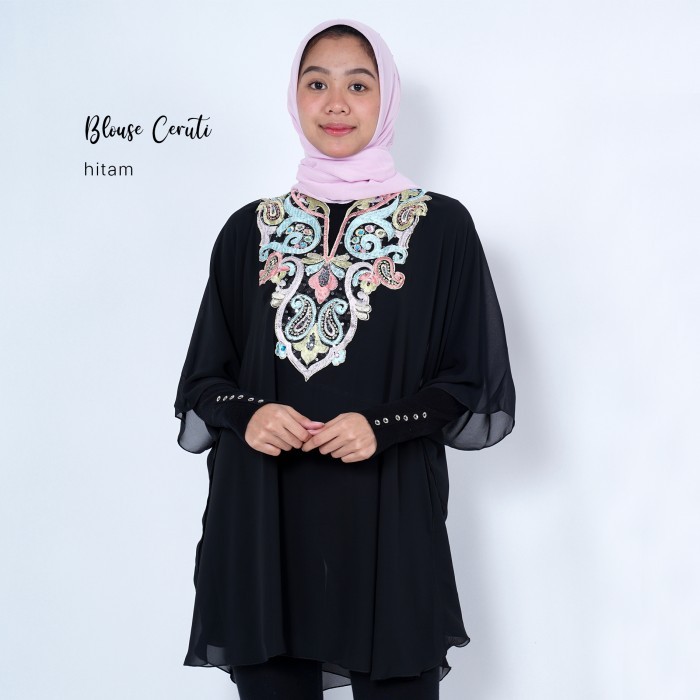 Blouse Ceruti Bordir Wanita Terbaru/Blouse Wanita Bagus Bahan Ceruti - Hitam