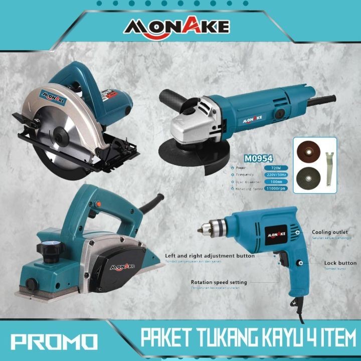 Flash Sale Monake Paket Tukang Kayu 4 Item Mesin gerinda Tangan/ Angle Grinder 4 Inch + Bor 10MM Var