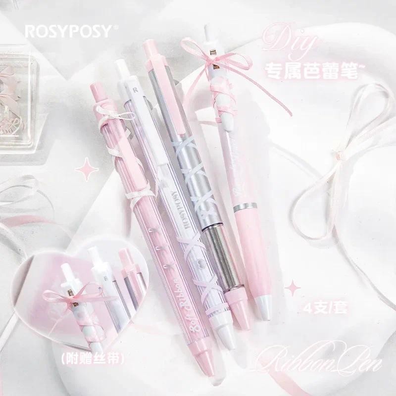 

4Pcs INS Aesthetic Pink Ballet Ribbon Series Gel Pen 0.5mm Black Ink Cute Student Exam Notes Writing Pen Kawaii Girls Stationery