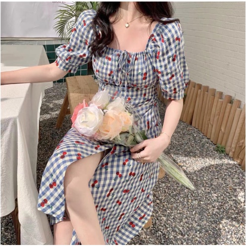 Midi Dress Biru Lengan Balon Motif Kotak Cherry- Dress Casual Kasual / Korean Fashion Korea / Pakaia