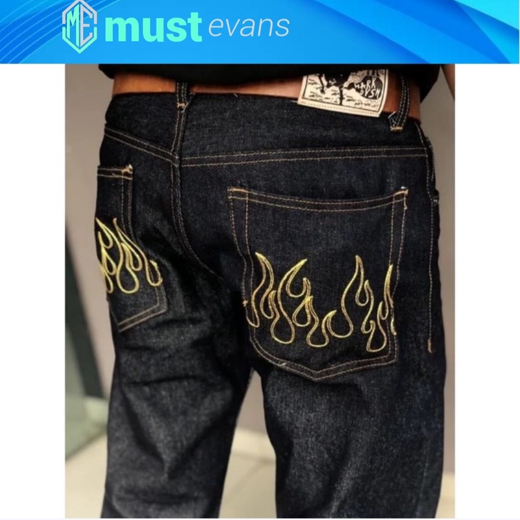 Mustevans Celana Denim Pria Selvege Shellstitch Black Indigo Motif Flame