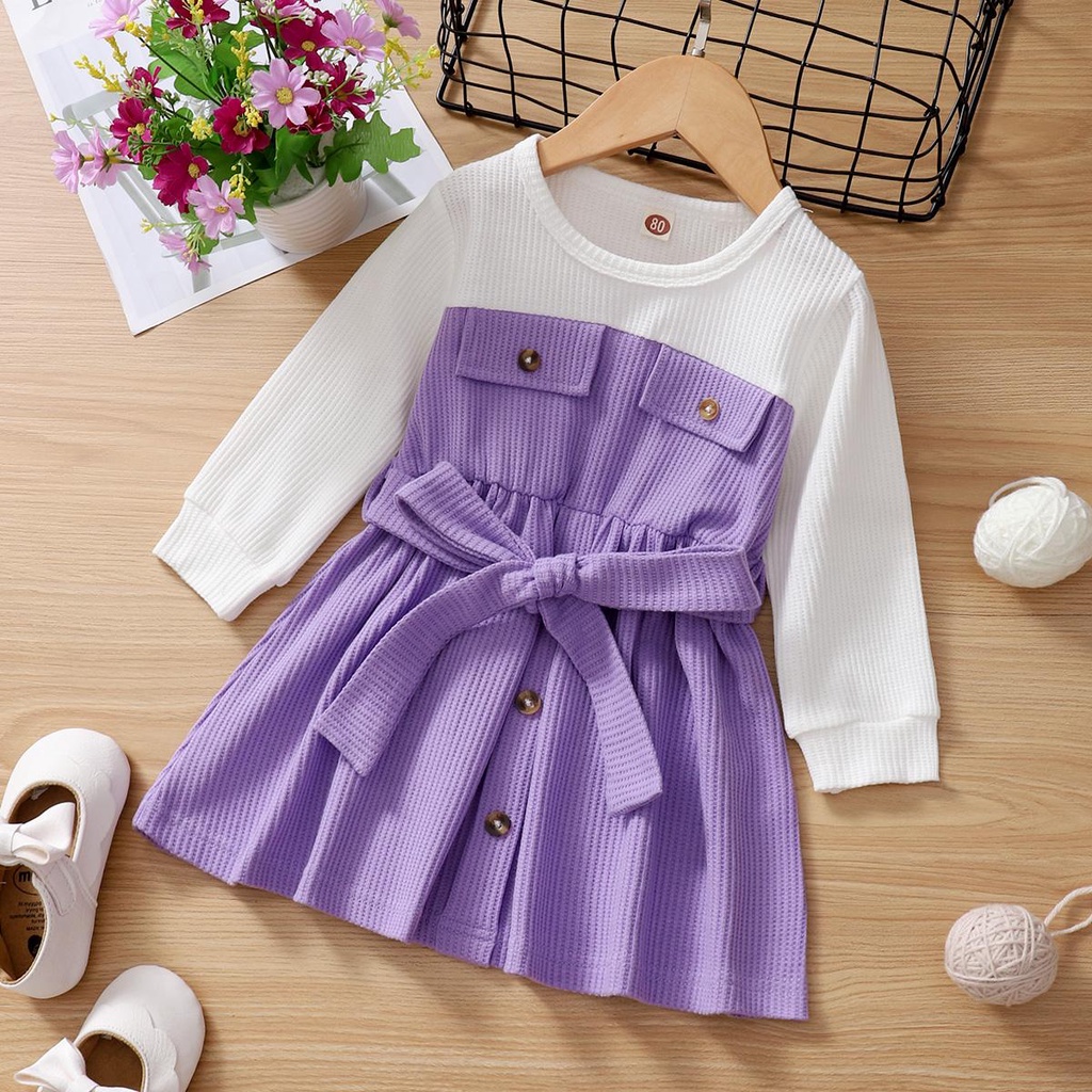 Pakaian Bayi Perempuan Putih Mosaik Ungu Gaun  Lengan