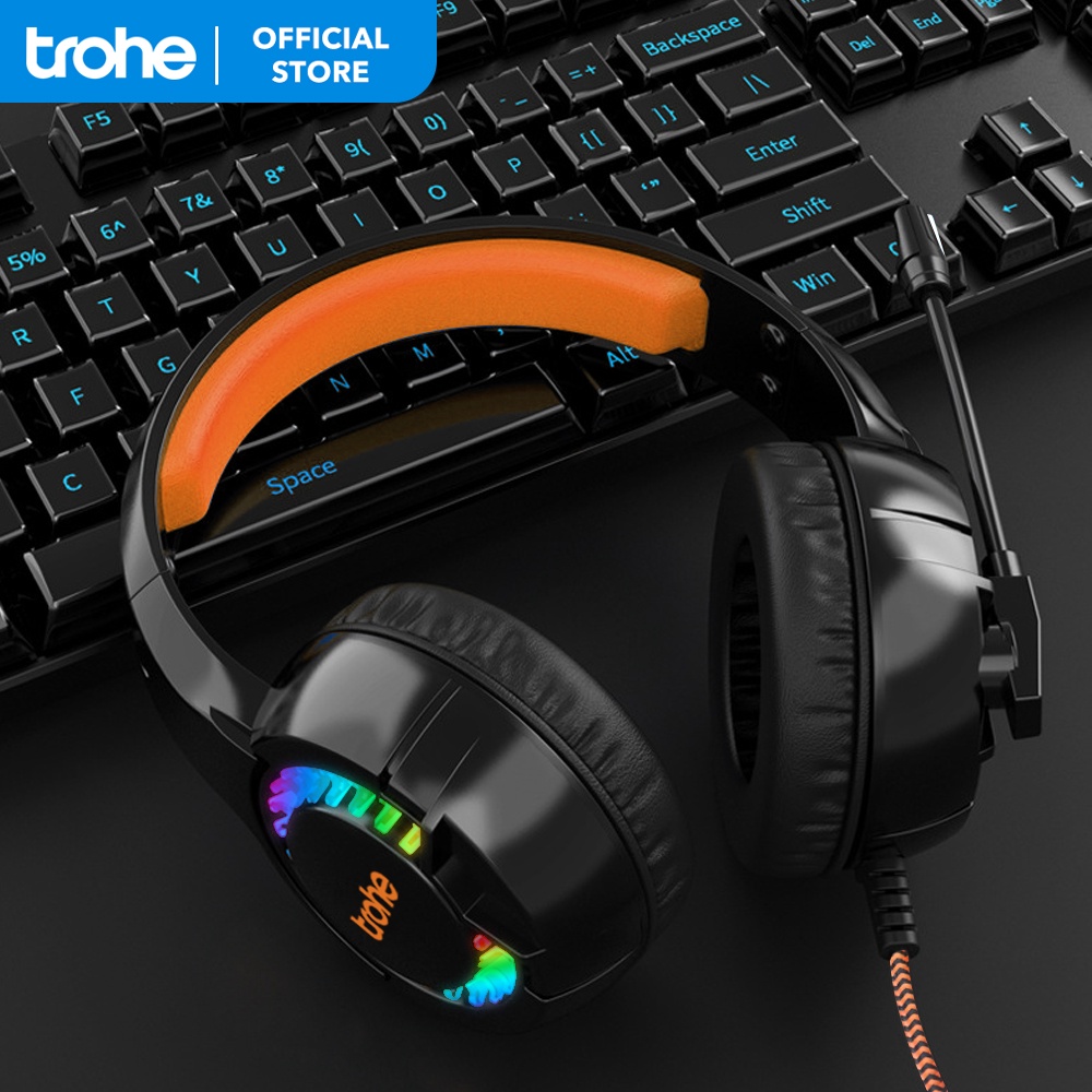 Trohe Headphone Gaming Over Ear Headphones Original Wired Headset with Microphone Pakai Kabel USB + 