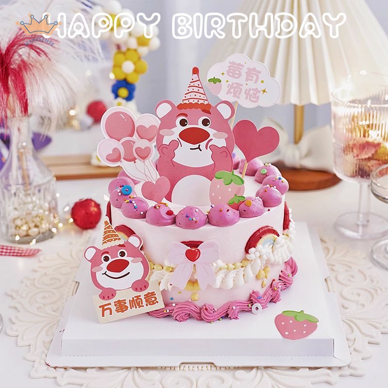 Topper Lucu Strawberry Bear Cake Plugin Strawberry Love-Heart Heart Plugin Dekorasi Kue Kreatif MK