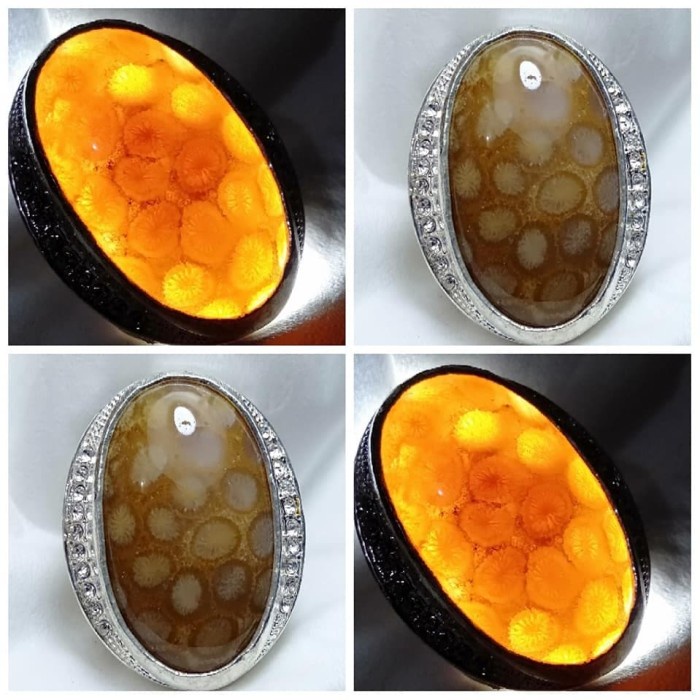 Cincin Batu Akik Motif Gambar Bunga Teratai Tawon Antik 2
