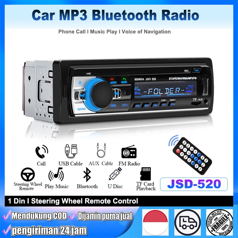 JSD-520 Tape Audio Mobil Single Din Bluetooth Version Multifungsi Bluetooth USB MP3 FM Radio 12V/24V