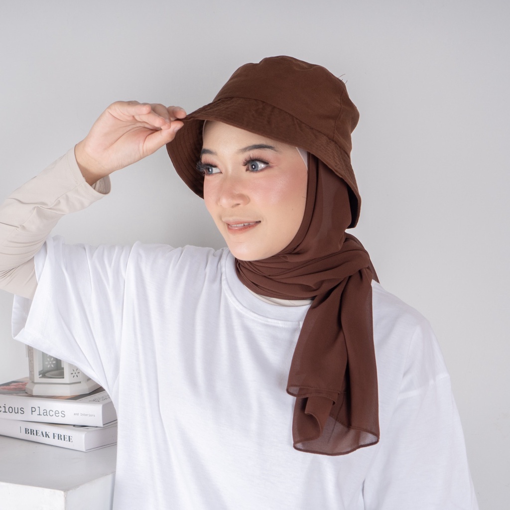 Topi bucket hijab wanita dewasa pashmina mocca instan