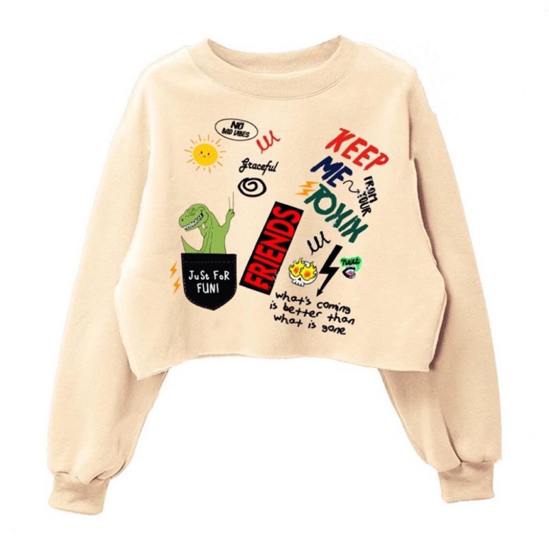 JIA Fashion Baju Sweater Wanita Terbaru / Sweater Crop NO BAD VIBES Fleece / Switer Cewek / Ootd Kas