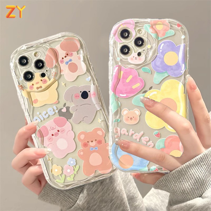 Casing hp Realme C53 C55 C31 C20 C30 C17 C35 C31 C12 Realme 10 5 9i 6 8i 8Pro 8 5i 7i 5 6i 6s C11 C21Y C25Y C15 C17 C2 C20A C3 Lucu Case Transparent Case Flower and Animal 3D Soft Wave Edge TPU Phone Case Cover ZeroYang