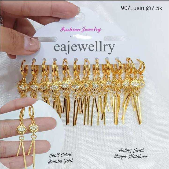Gold Titanium Anting Jurai 3 Model Berlapis Emas 24 Karat Asli Perhiasan Wanita